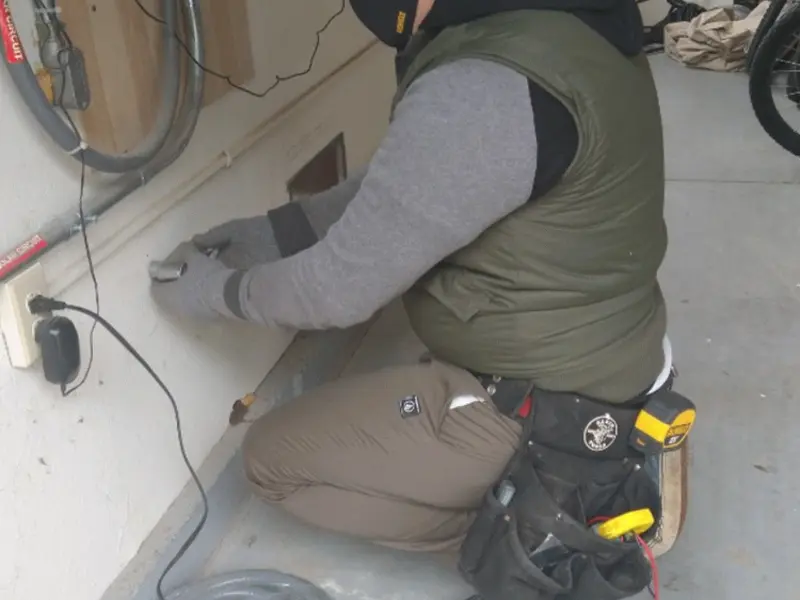 Electrician performing outlet wiring in a Gadsden garage